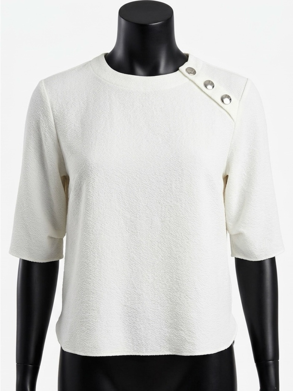 Sfera Basic Ivory/White Textured Asymmetric Button Shoulder Top Blouse M